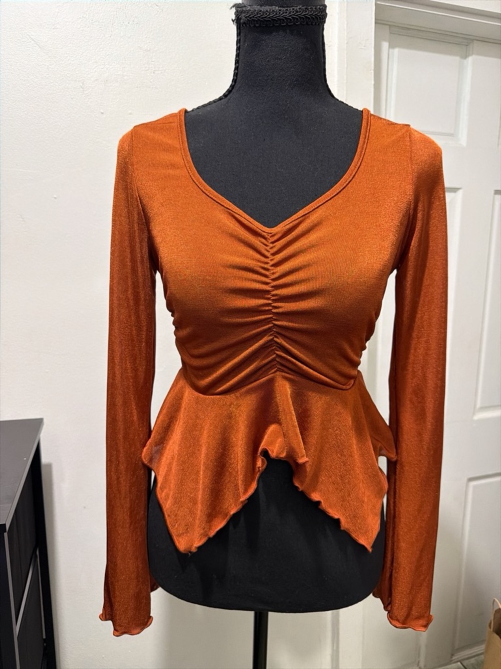 Rust Orange Ruched Peplum Long-Sleeve Top